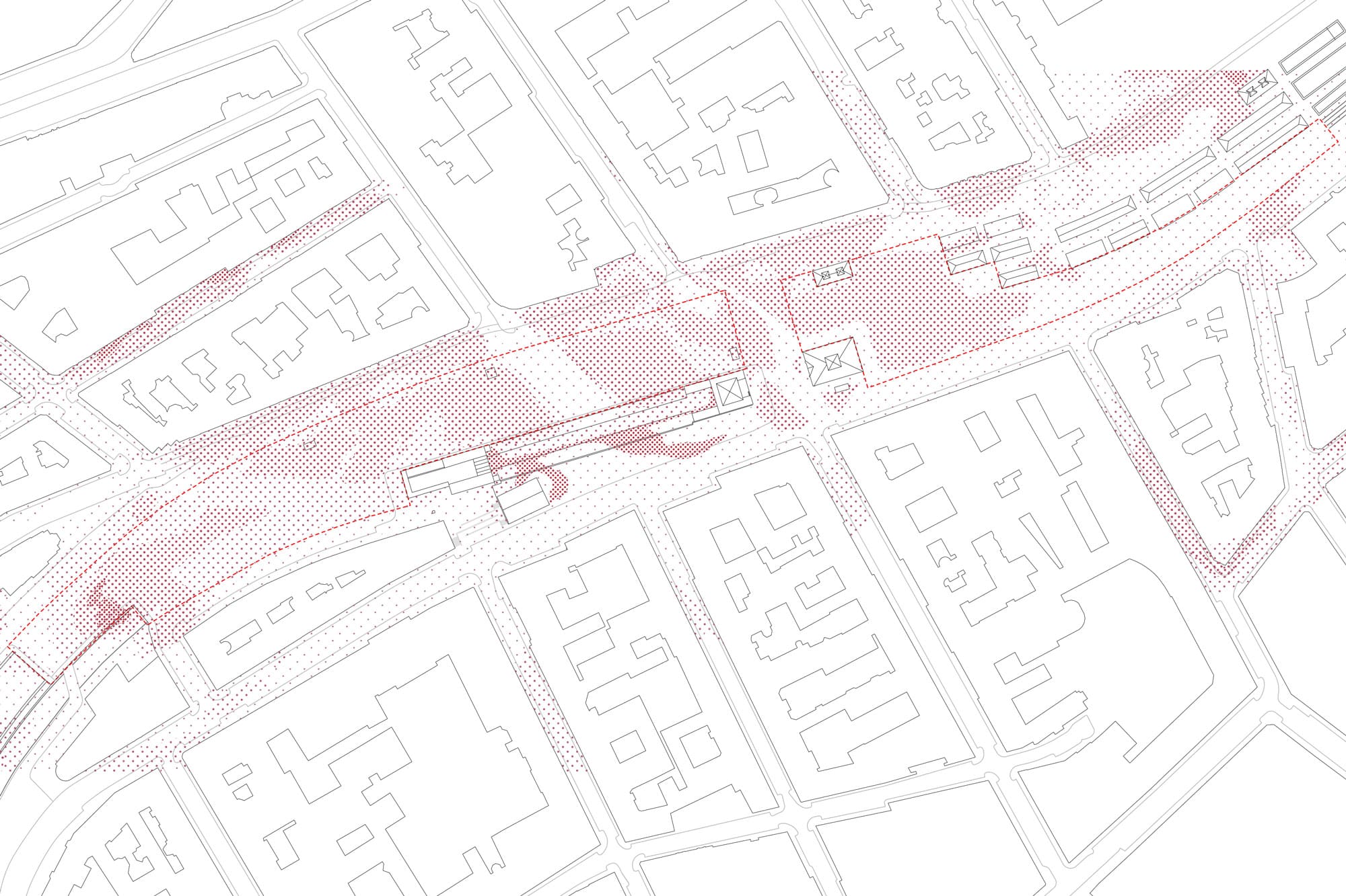 Heat map of the site: red hatching marks the areas that heat up most asphalt kollektiv
