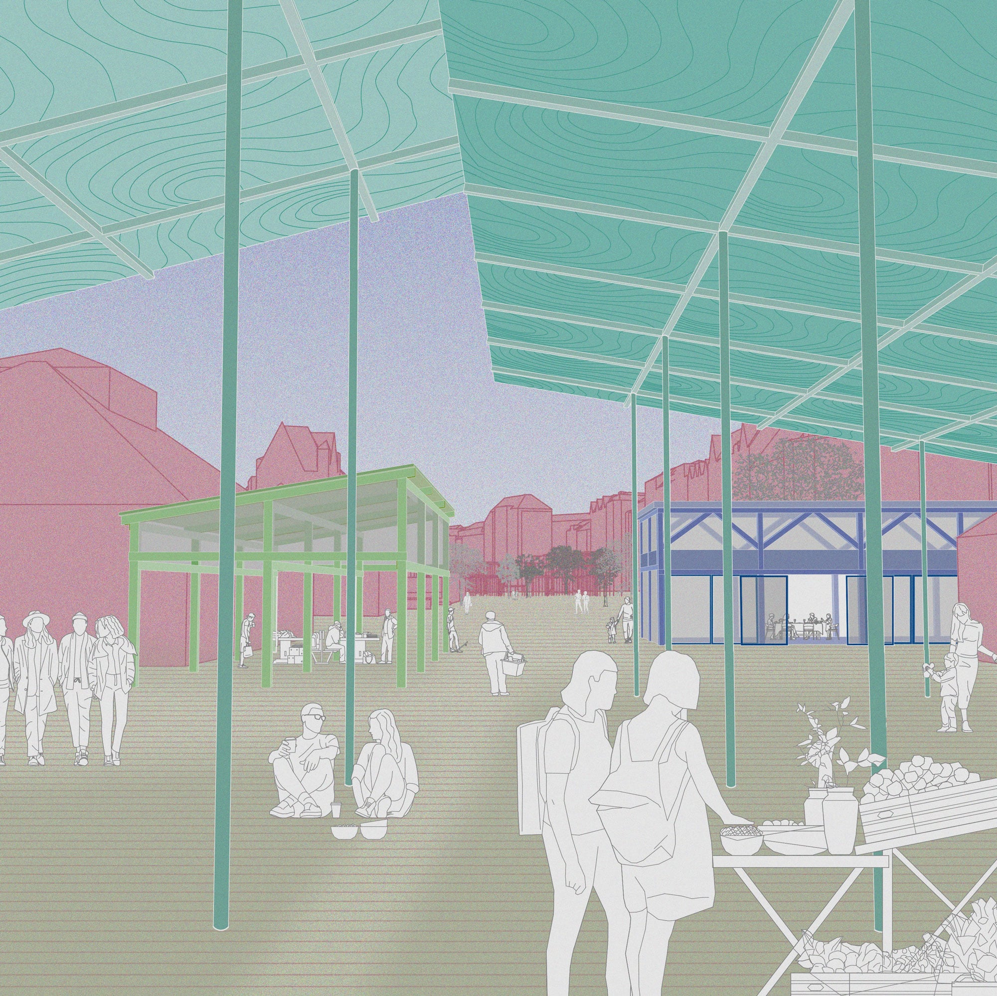 Perspective of the Bauernmarkt: green canopies on slender columns shelter market stalls and people sitting on the ground asphalt kollektiv