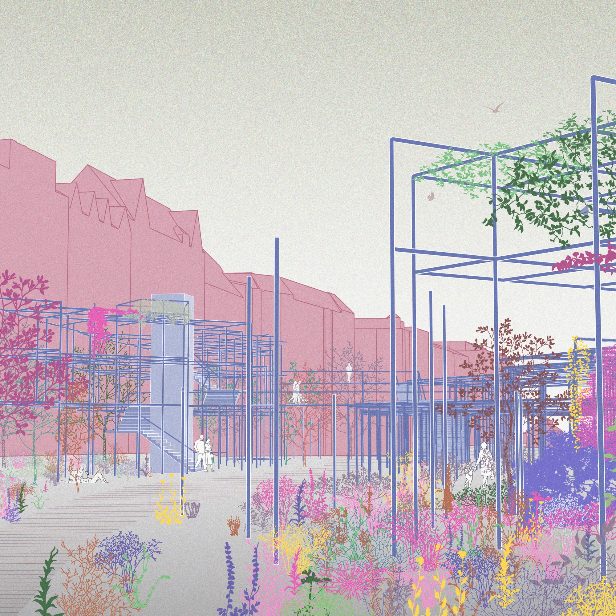 Perspective of the Raumpark: blue steel frames overgrown with plants, colourful planting and people on raised walkways asphalt kollektiv