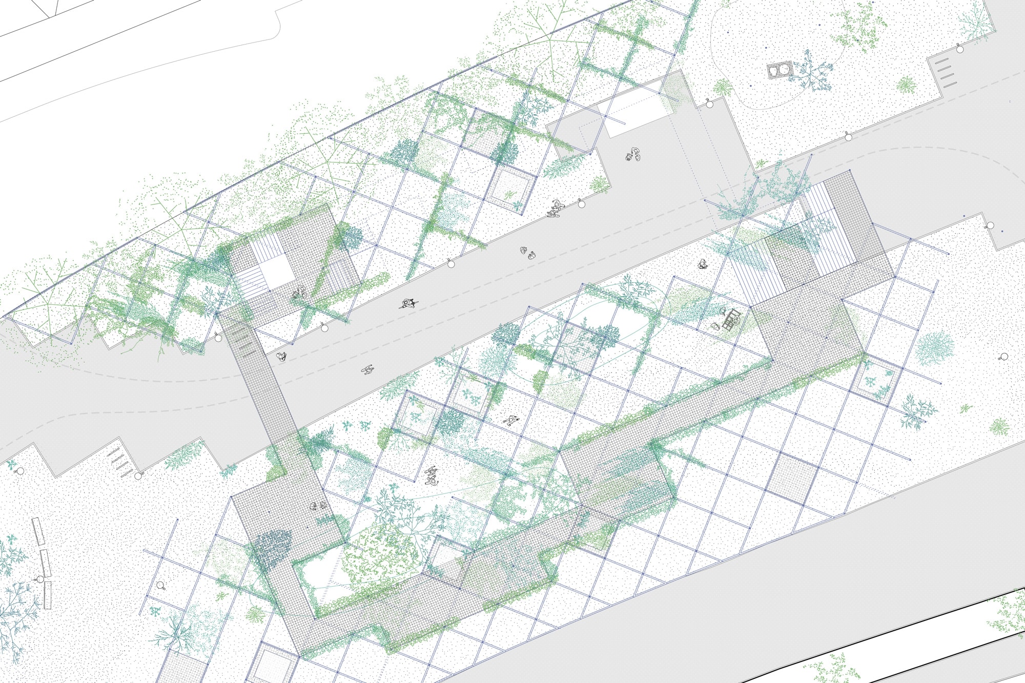 Floor plan of the Raumpark: a grid of steel frames with planting and a raised walkway crossing the site asphalt kollektiv