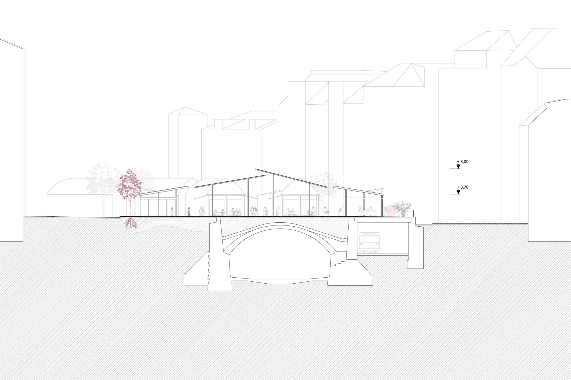 Section through the Bauernmarkt: light market halls with sloping roofs above the vaulted Wien river asphalt kollektiv