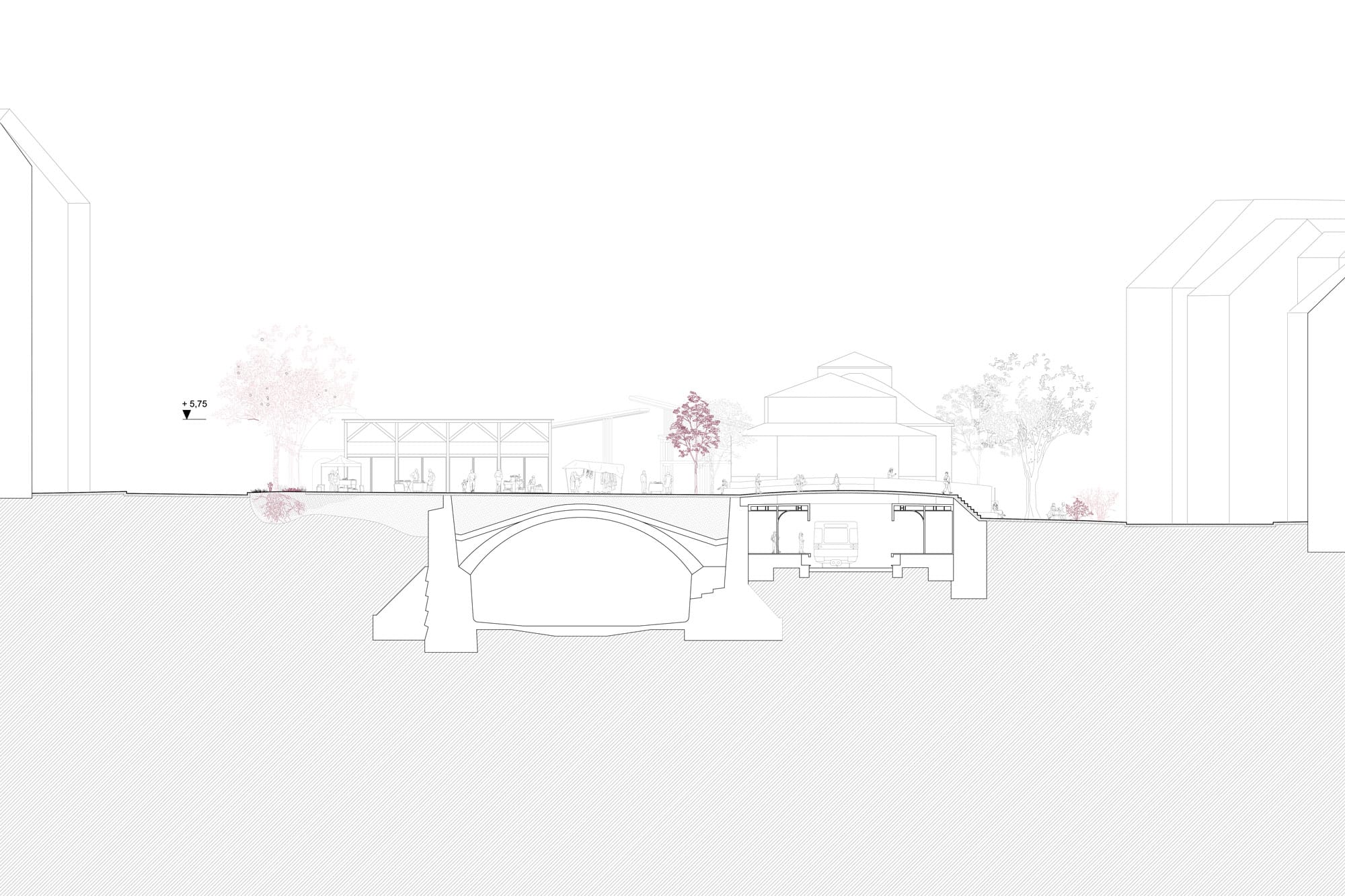 Section through the Park-Platz: an open surface with a market hall above the Wien river vault and underground line asphalt kollektiv