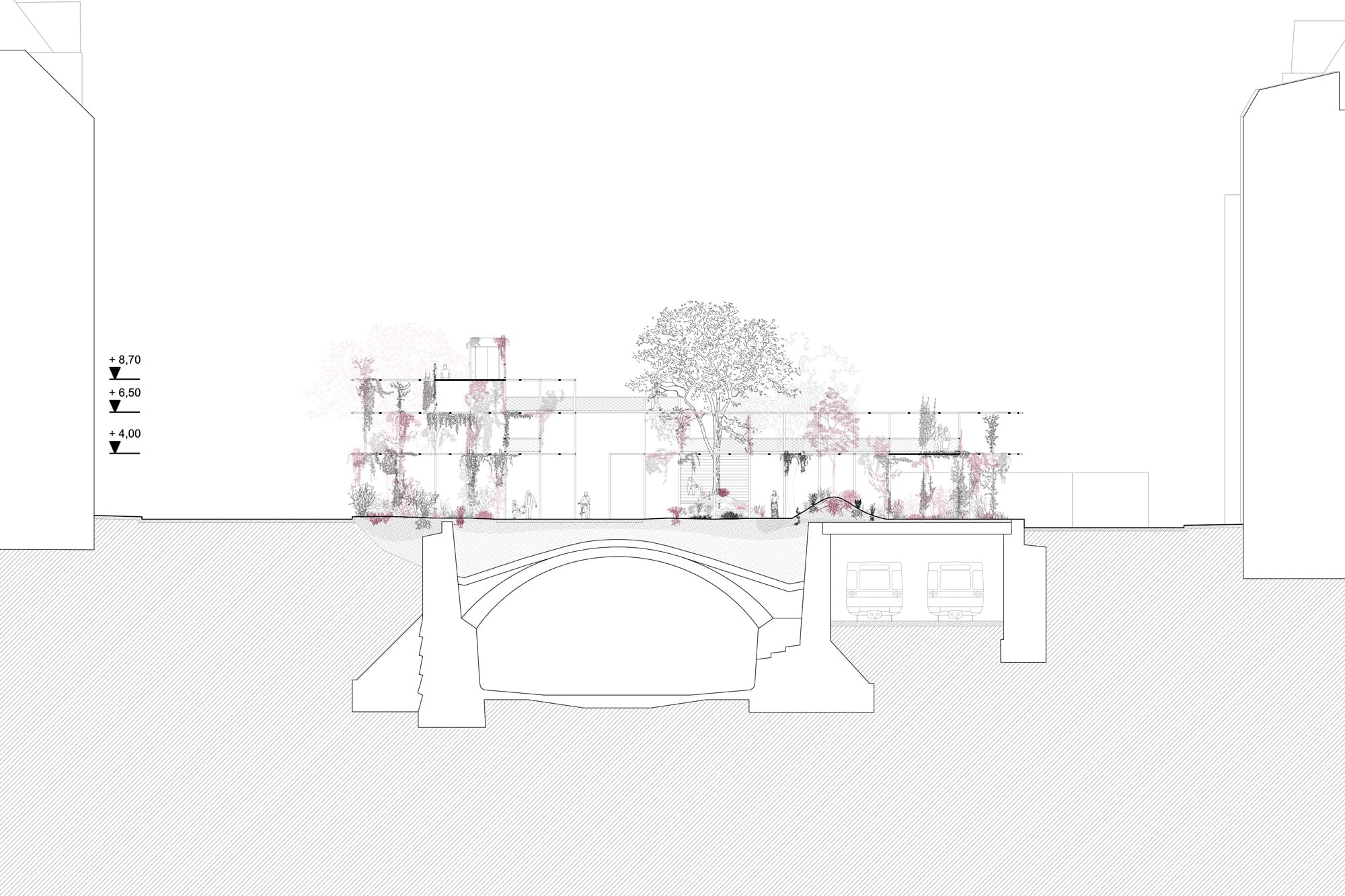 Section through the Raumpark: steel frames on three levels with climbing plants above the Wien river vault asphalt kollektiv