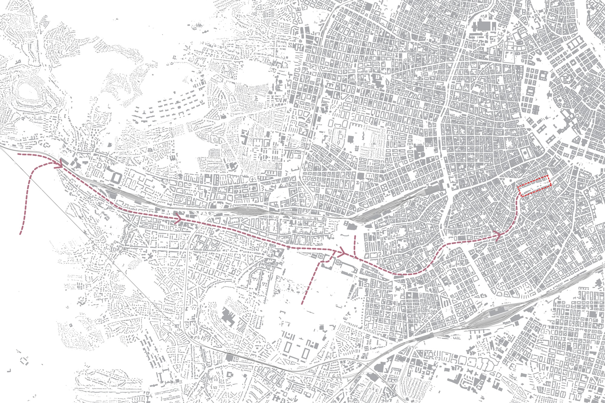 Map of western Vienna: a dashed red line traces a migration corridor for species along the Wien river to the site asphalt kollektiv