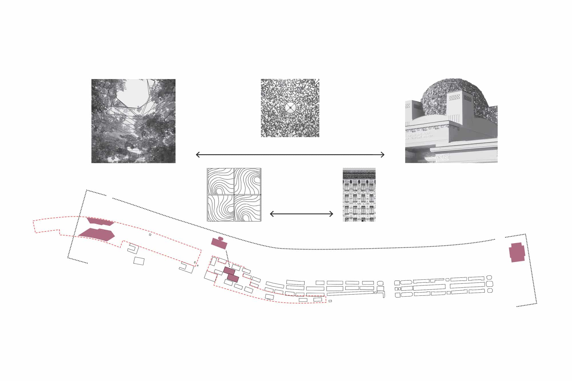 Diagram of the urban context: the site linked to references such as tree canopy, Gründerzeit façade and Secession dome asphalt kollektiv
