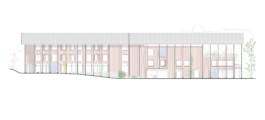 Längsansicht zur Straße: Holzfassade mit Eingängen, darüber das durchgehende eigenständige Dach asphalt kollektiv