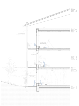 Fassadenschnitt: Holzbau mit Hybriddecken, vorgelagerte Laubengänge und eigenständiges Dach auf Stahlstützen asphalt kollektiv