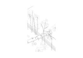 Axonometric sketch: the table crossing the fence line between garden and wasteland asphalt kollektiv