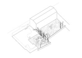 Axonometric site plan: REAKTOR building, garden and adjacent wasteland, the table on the boundary asphalt kollektiv