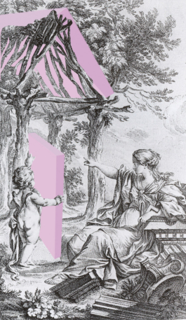 Collage: Stich der Urhütte nach Laugier, Dach und Stütze mit rosa Dämmplatten überlagert asphalt kollektiv