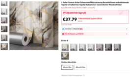 Screenshot eines Onlineshops: 1 Rolle Marmor, selbstklebende Schaumstofftapete als Nachahmung von Fliesen asphalt kollektiv